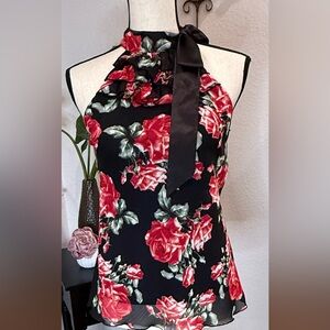 Black halter top, size Small with red floral print by I.N. San Francisco. In EUC